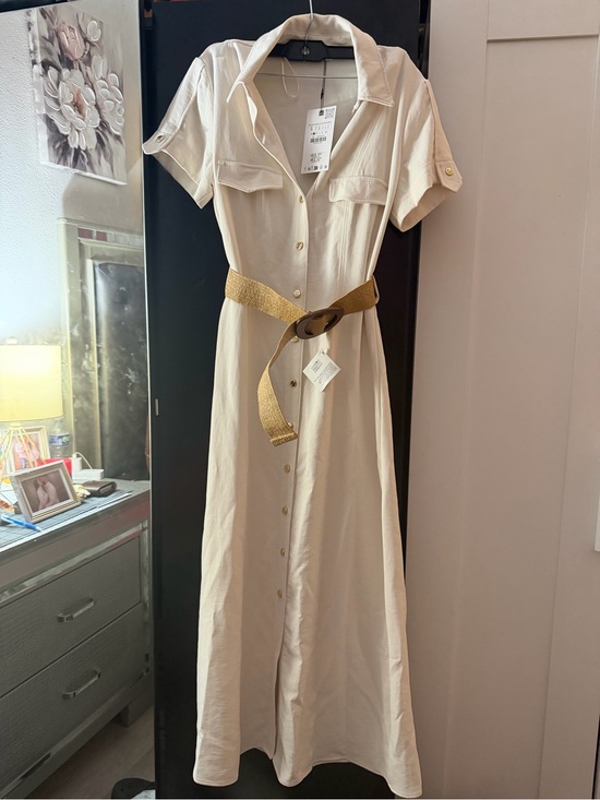 Zara Dresses & Skirts - Zara Cream Button-Front Maxi Shirt Dress with Belt